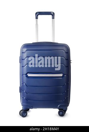 Blue plastic suitcase with extendable handle isolated on white. Front view. Stock Photo