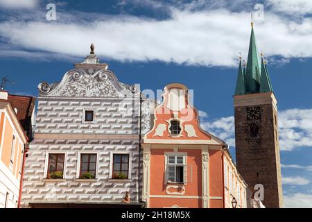 View from Telc town square with renaissance and baroque colorful houses, UNESCO town in Czech Republic Stock Photo