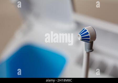 Close up of a toothbrush, toothpaste, irrigator, mouthwash for teeth ...