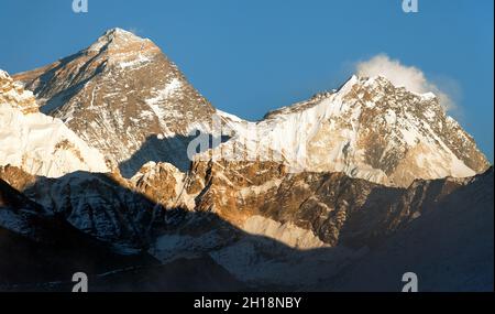 Evening panoramic view of mount Everest and Lhotse with blue sky from Gokyo valley - Everest area, Khumbu valley, Nepal Stock Photo