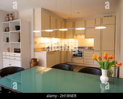 Modern house open plan kitchen diner dining room with dining table and chairs, Netherlands Stock Photo
