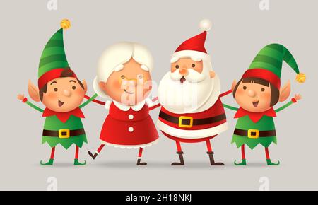 Cute friends celebrate Christmas - Santa Claus, Mrs Claus, Elves girl and boy - vector illustration isolated Stock Vector