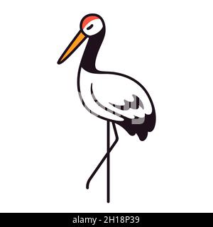 Simple cartoon crane drawing. Elegant bird logo. Vector clip art illustration. Stock Vector