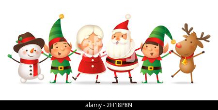 Cute friends Santa Claus, Mrs Claus, Elves girl and boy, Reindeer and Snowman celebrate Christmas holidays - vector illustration isolated Stock Vector
