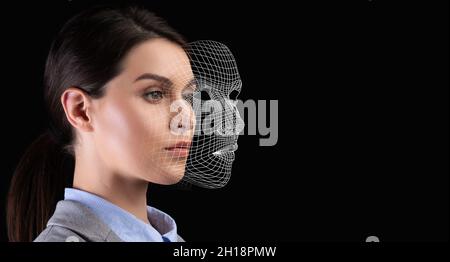 Close up face of young caucasian female and digital graphic mask, collage Stock Photo