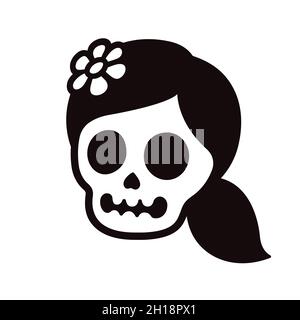 Simple and cute cartoon female skull drawing with flower in hair. Feminine girly character tattoo, logo or icon. Black and white vector illustration. Stock Vector