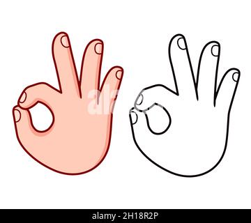 OK hand sign icon. Index finger touching thumb gesture. Black and white line and color. Cartoon drawing, vector illustration. Stock Vector