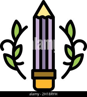 Pencil with laurel icon. Outline pencil with laurel vector icon color flat isolated Stock Vector