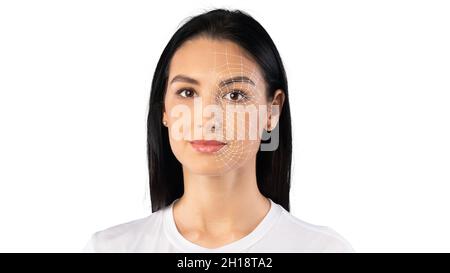 Calm young european female and digital identity scanning face to protect data Stock Photo