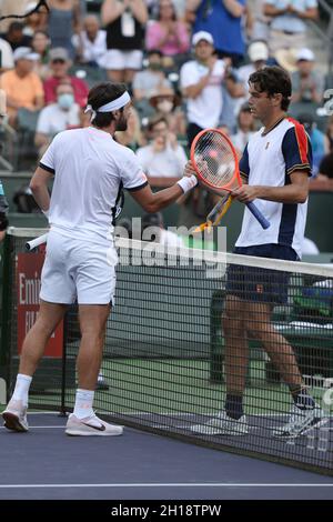 Nikoloz Basilashvili (GEO) defeated Taylor Fritz (USA) 7-6 (7-5), 6-3, at the BNP Paribas Open being played at Indian Wells Tennis Garden in Indian Wells, California on October 16, 2021: © Karla Kinne/Tennisclix/CSM Stock Photo