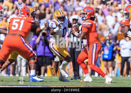 LSU Tigers defensive lineman Maason Smith (0) rushes Florida Gators quarterback Emory Jones (5), Saturday, Oct. 16, 2021, in Baton Rouge, Louisiana. L Stock Photo