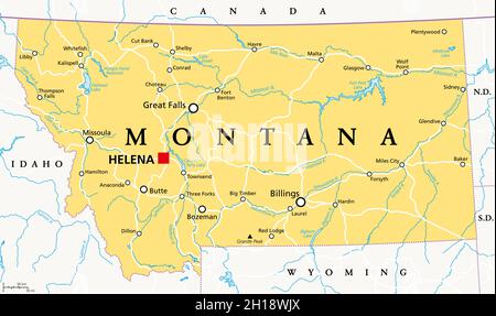 Montana, MT, political map with the capital Helena. State in the Mountain West subregion of the Western United States of America. Stock Photo