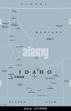 Idaho, ID, gray political map with capital Boise, borders, important cities, rivers and lakes. State in the Pacific Northwest region of Western USA. Stock Photo