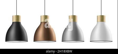 Ceiling cone lamp vector set in black, brass, silver, and white colors. Elegant hang chandelier light vector illustration, isolated on white background. Stock Vector