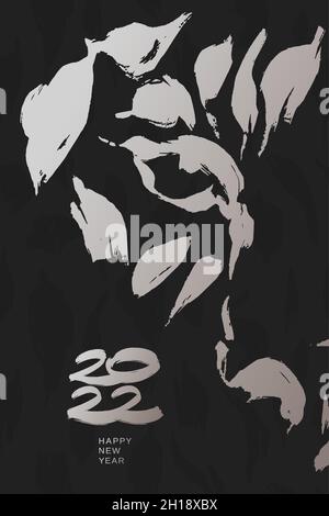 Hand drawn ink tiger face. Greeting card with Chinese new year 2022 symbol. Stock Vector
