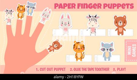 Paper animal finger puppets worksheets for kids hand. Handmade theatre activity. Children cut craft page with cartoon dolls vector template Stock Vector