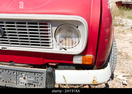 Croatia, August 13 2021. Old red rusty classic car REnault fourTrogir, Stock Photo