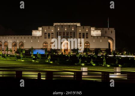 A night view of the Parliament building in the Al Bustan district. Al Bustan District, Muscat, Oman. Stock Photo