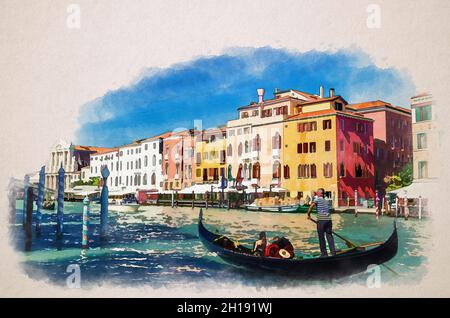 Watercolor drawing of Venice: gondolier on gondola with tourists people sailing in Grand Canal waterway, row of colorful multicolored buildings, blue Stock Photo