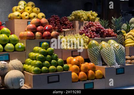 A bounty of fresh produce for sale at Mercado de San Miguel in the Centro District of Madrid, Spain. Stock Photo