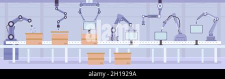 Flat automated robot arms on factory assembly line. Manufacture conveyor with products and boxes. Industry automation machine vector concept Stock Vector