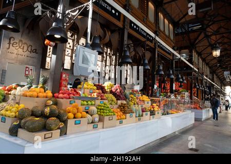 A bounty of fresh produce for sale at Mercado de San Miguel in the Centro District of Madrid, Spain. Stock Photo