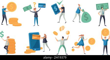 Flat tiny characters paying with money, card and phone. People holding cash, bill and coins. Refund, exchange and payment vector concept set Stock Vector