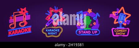 Neon signs for karaoke club and stand up comedy show. Music and song singing party night glowing logos. Karaoke bar event poster vector set Stock Vector