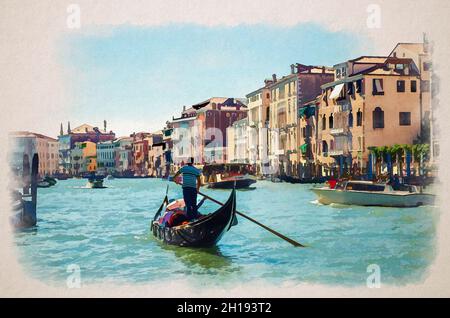 Watercolor drawing of Venice: gondolier and tourists on gondola ...