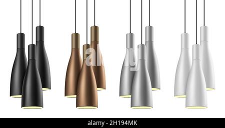 Extravagant pendant lights in black, brass, chrome, and white colors. Set of elegant metal chandelier lamps vector illustration, isolated on white background. Stock Vector