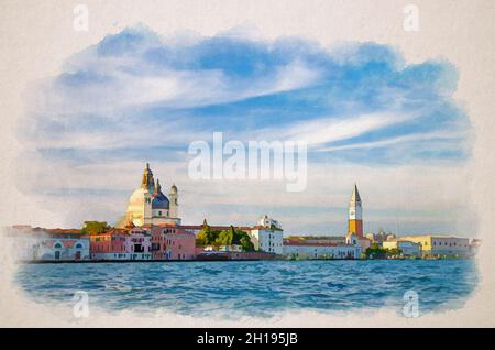 Watercolor drawing of Venice cityscape with San Marco basin of Venetian lagoon water, Santa Maria della Salute church, Campanile bell tower and Doge's Stock Photo