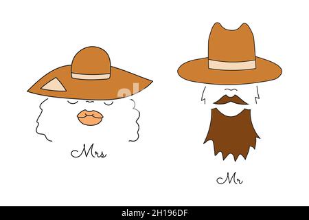 Doodle style designation of male and female toilets in the form of a womans head in a hat and a mans head in a hat. Stock Vector