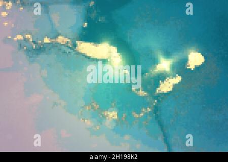 Gold, and aquamarine blue abstract alcohol ink marble texture. Vector shining background with natural pattern and glitter. Template for banner, poster Stock Vector