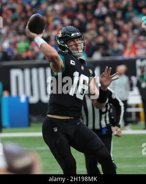 London, UK. 17th Oct, 2021. Jacksonville Jaguars quarterback Trevor Lawrence throws the football during their match against the Miami Dolphins at White Hart Lane in London on Sunday, October 17, 2021. Jaguars won the game 23-20. Photo by Hugo Philpott/UPI Credit: UPI/Alamy Live News