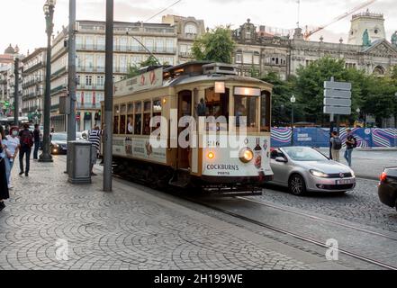 Traditional historic tram, Porto centre, Portugal. Stock Photo