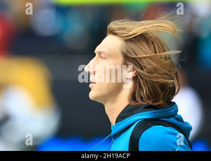 Jacksonville Jaguars quarterback Trevor Lawrence takes to the field ahead of the NFL International Series game against the Miami Dolphins at Tottenham Stock Photo