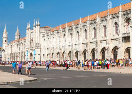 Lisbon, Portugal - August 13, 2017: Crowds of tourists visiting the Jeronimos Monastery In Lisbon, Portugal