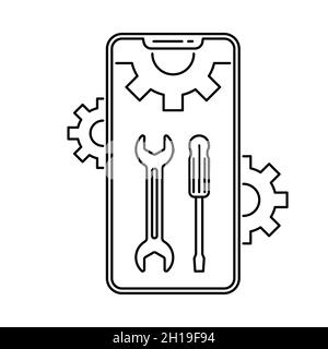 Smartphone repair icon. Screwdriver and wrench on mobile icon. Black service icon. Vector illustration. Stock Vector