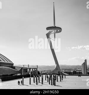 The Montjuïc Communications Tower, popularly known as Torre Calatrava and Torre Telefónica, is a telecommunication tower in the Montjuïc neighborhood. Stock Photo