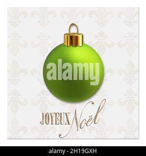 French Joyeux Noel. Christmas greeting card, design of close up green Xmas ball on white. Text Merry Christmas in French language Joyeux Noel. Festive Christmas design template. 3D illustration Stock Photo
