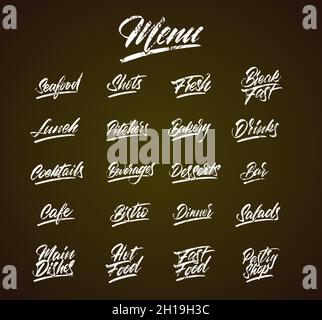Chalk lettering menu on black chalkboard ka idea for cafes, bistros, restaurants. Vector illustration. Stock Vector