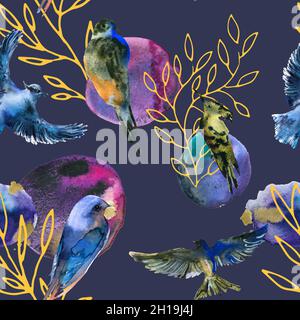 Seamless pattern with watercolor hand-drawn birds, watercolor multicolored paint spots and linear plants. Artistic background on dark backdrop. Stock Photo