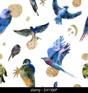 Seamless pattern with watercolor hand-drawn birds, golden elements: stars, moon, and circles. Artistic background on white backdrop. Stock Photo