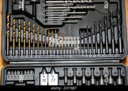 Drill bits in a toolbox Stock Photo
