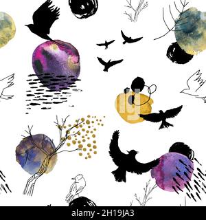 Seamless pattern with hand-drawn black silhouettes of birds, watercolor colored paint spots, and linear plants and birds. Artistic background on white Stock Photo