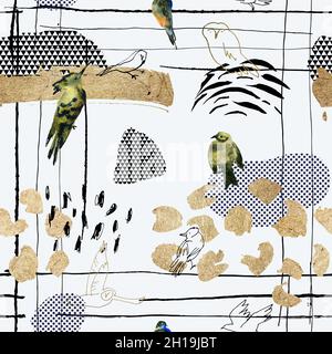 Seamless pattern with watercolor hand-drawn birds, golden elements, linear birds, and graphic details. Artistic background on white backdrop. Stock Photo