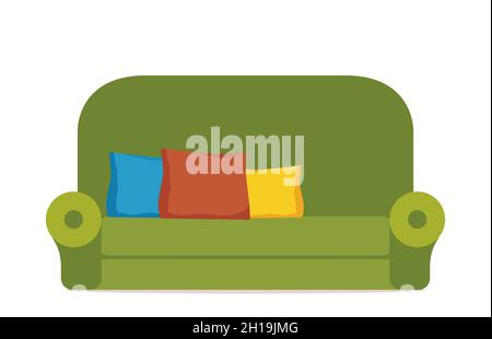 Cozy green sofa with colorful pillows. Comfortable couch. Furniture for living room. Soft seat. Colorful flat vector illustration isolated on white ba Stock Vector