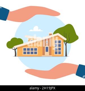 Home insurance concept. Hands protecting house from danger. Real estate insurance. Advertising of insurance services. Vector illustration in flat styl Stock Vector
