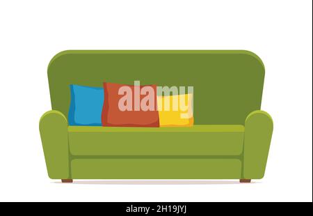Cozy green sofa with colorful pillows. Comfortable couch. Furniture for living room. Soft seat. Colorful flat vector illustration isolated on white ba Stock Vector