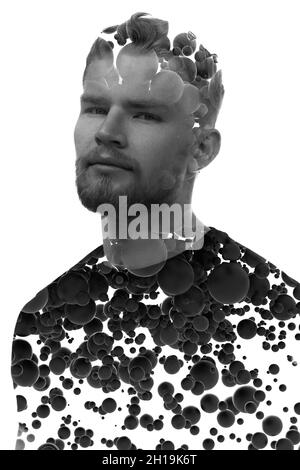 A black and white portrait of a man combined with multiple flowing 3D spheres. Stock Photo